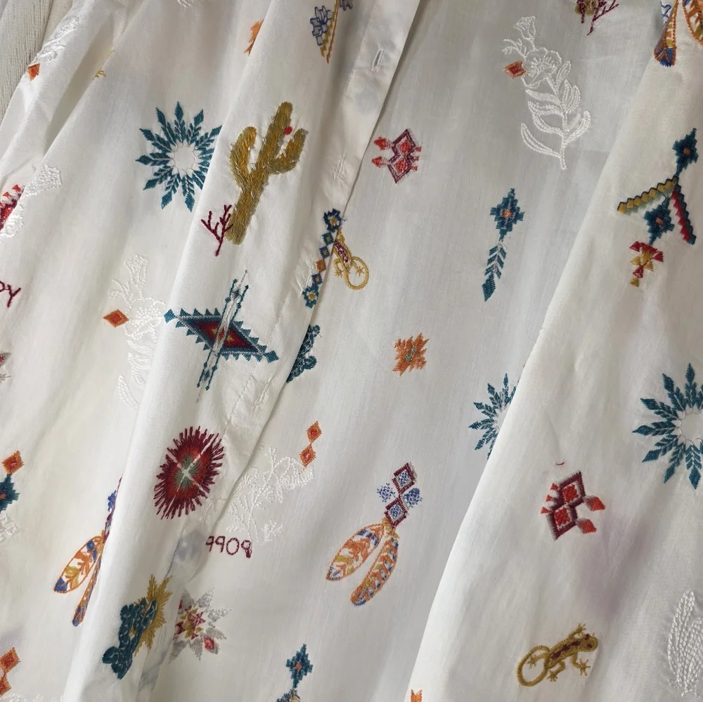 Johnny Was Southwestern Embroidered Top Western Cactus Puff Sleeve S